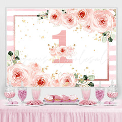 Lofaris 1st Birthday Pink Floral Stripe Backdrop for Girls