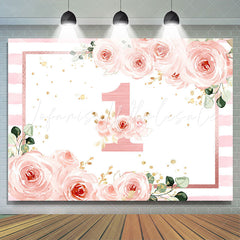 Lofaris 1st Birthday Pink Floral Stripe Backdrop for Girls