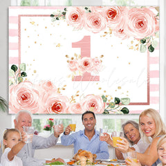 Lofaris 1st Birthday Pink Floral Stripe Backdrop for Girls