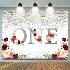 Lofaris 1st Burgundy Floral Glitter Silver First Birthday Backdrop