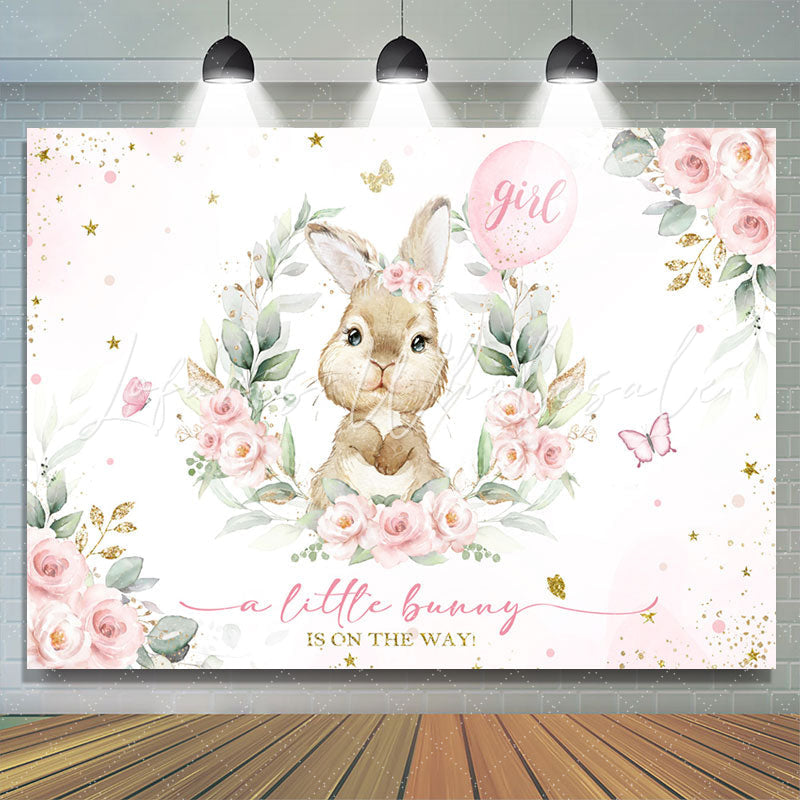 Lofaris A Little Bunny Girl Pink Floral Baby Shower Backdrop