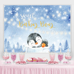 Lofaris A Little Cute Penguin Winter Bule Baby Shower Backdrop