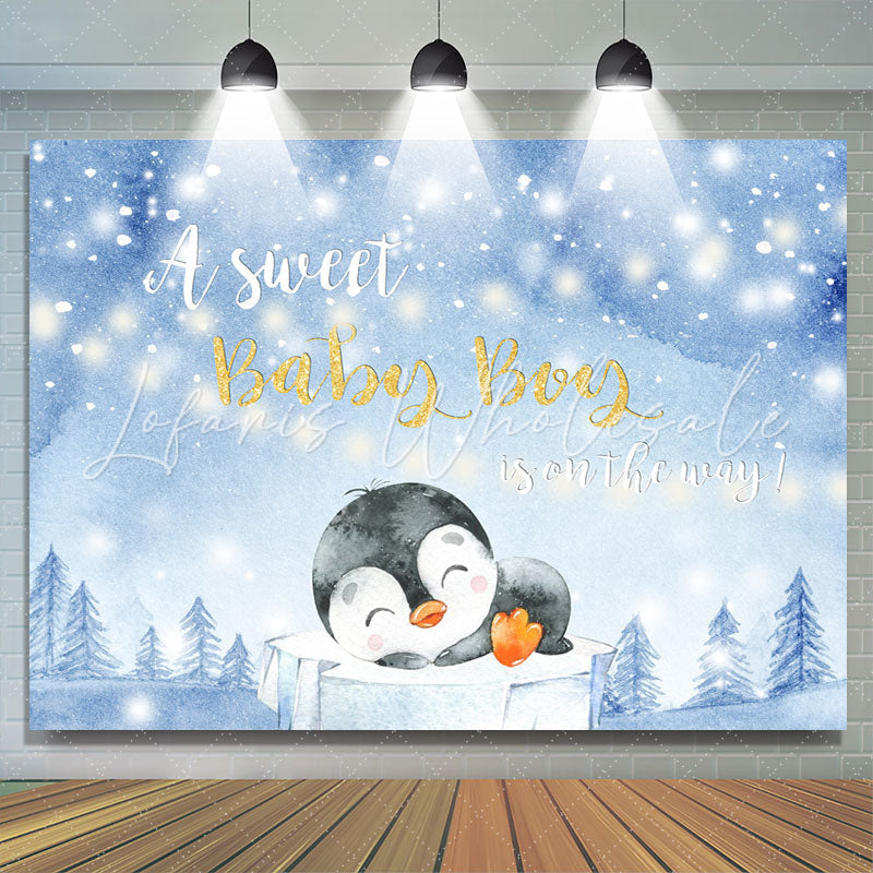 Lofaris A Little Cute Penguin Winter Bule Baby Shower Backdrop