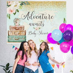 Lofaris Adventure Awaits Floral And Map Baby Shower Backdrop