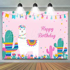 Lofaris Alpaca And Cactus Girls Pink Happy Birthday Backdrop