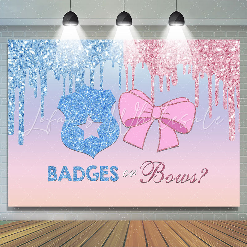 Lofaris Badges or Bows Glitter He She Baby Shower Backdrop