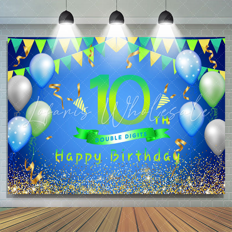 Lofaris Balloons And Flag Green Happy 10th Birthday Backdrop