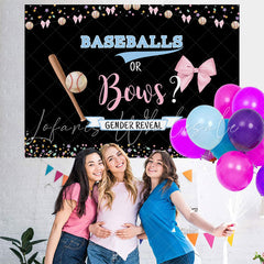 Lofaris Baseballs or Bows Blue Pink Baby Shower Backdrop