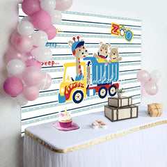 Lofaris Beep Zoo Giraffa Bear Truck Stripe Birthday Backdrop