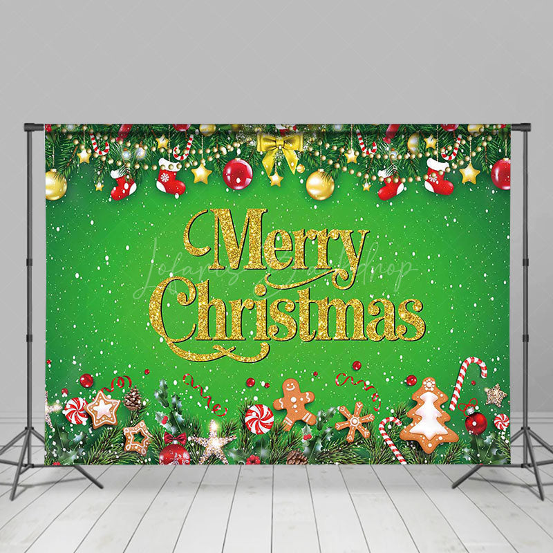 Lofaris Bell Snow Leaves Green Gold Merry Christmas Backdrop