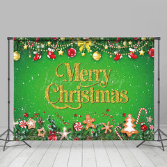 Lofaris Bell Snow Leaves Green Gold Merry Christmas Backdrop