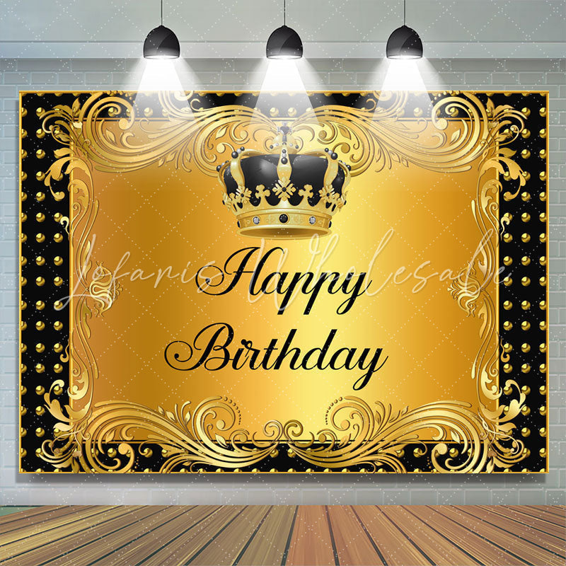 Lofaris Black and Gold Crown Curtain Happy Birthday Backdrop