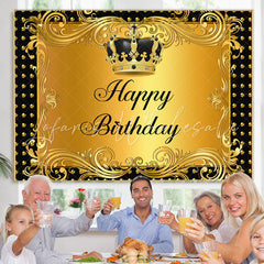 Lofaris Black and Gold Crown Curtain Happy Birthday Backdrop