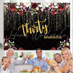 Lofaris Black and Gold Glitter Floral 30th Birthday Backdrop