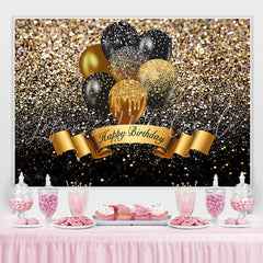 Lofaris Black And Golden Glitter Balloon Happy Birthday Backdrop