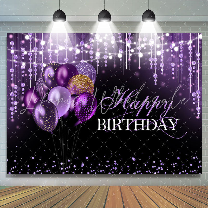 Lofaris Black and Purple Glitter Balloon Happy Birthday Backdrop