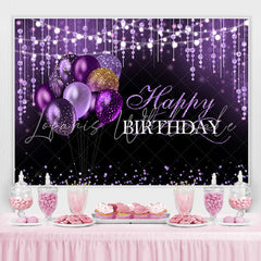 Lofaris Black and Purple Glitter Balloon Happy Birthday Backdrop