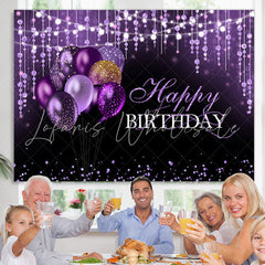 Lofaris Black and Purple Glitter Balloon Happy Birthday Backdrop