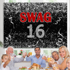 Lofaris Black And Silver Ribbion Swag 16 Birthday Backdrop