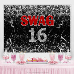 Lofaris Black And Silver Ribbion Swag 16 Birthday Backdrop