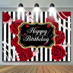 Lofaris Black And white Line With Red Rose Birthday Backdrop