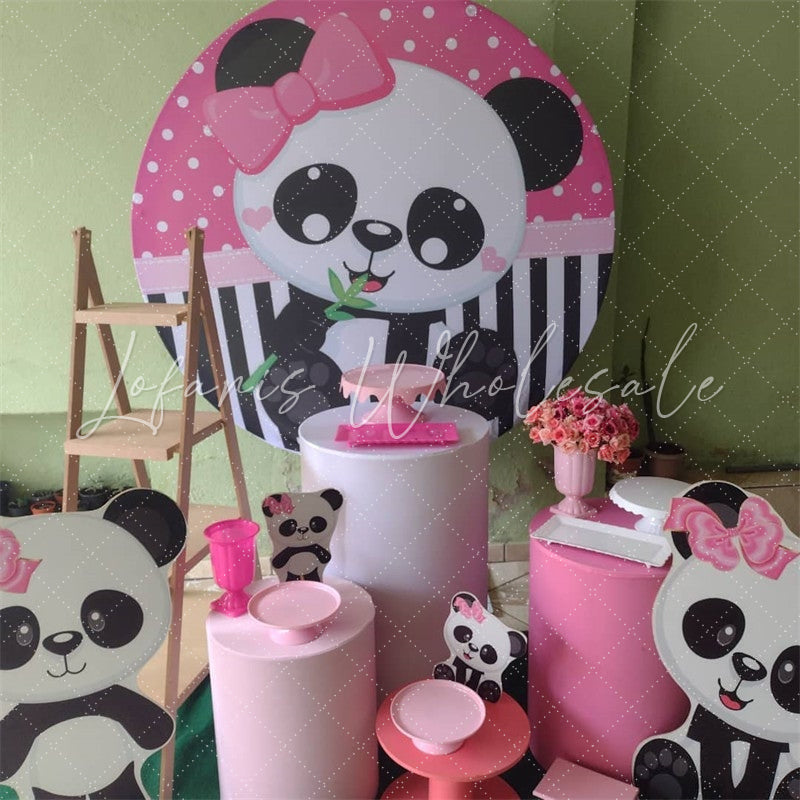 Lofaris Black And White Panda Round Pink Birthday Backdorp