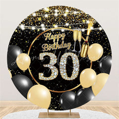 Lofaris Black Gold Glitter Balloons Round 30th Birthday Backdrop