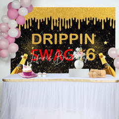 Lofaris Black Gold Glitter Drippin Swag 16 Birthday Backdrop