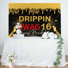 Lofaris Black Gold Glitter Drippin Swag 16 Birthday Backdrop