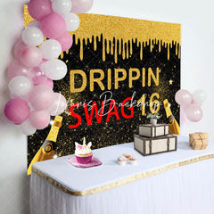 Lofaris Black Gold Glitter Drippin Swag 16 Birthday Backdrop