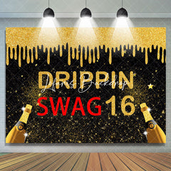 Lofaris Black Gold Glitter Drippin Swag 16 Birthday Backdrop