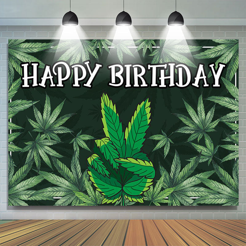 Lofaris Black Green Cannabis Leaves Happy Birthday Backdrop