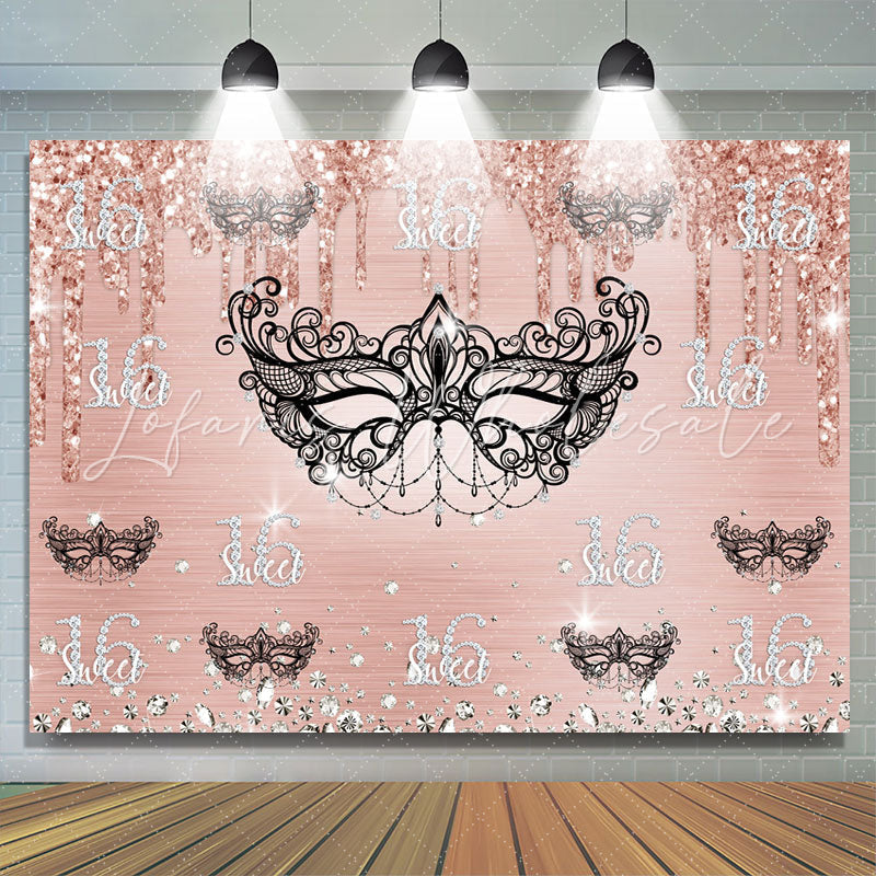 Lofaris Black Mask Pink Diamonds Glitter 16th Birthday Backdrop