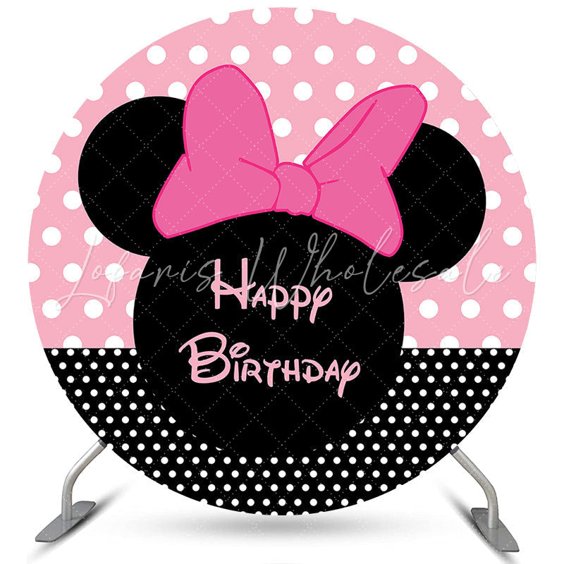 Lofaris Black Pink Cartoon Mouse Round Happy Birthday Backdrop