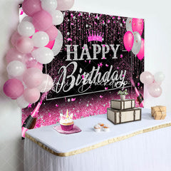 Lofaris Black Silver Pink Balloons Happy Birthday Backdrop