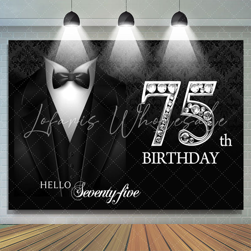 Lofaris Black Suit Elegant Hello 75th Birthday Backdrop