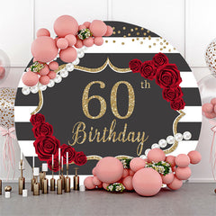 Lofaris Black White Stripe Rose Round 60th Birthday Backdrop