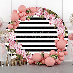 Lofaris Black White Stripe With Flower Circle Party Backdrop