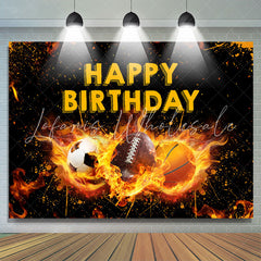 Lofaris Black Yellow Fire Sports Happy Birthday Backdrop