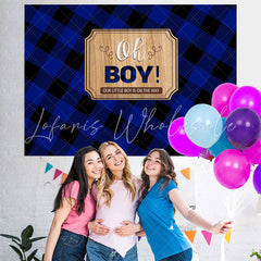 Lofaris Blue and Black Grid Stripe Oh Boy Baby Shower Backdrop