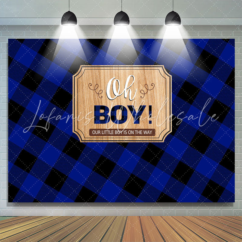 Lofaris Blue and Black Grid Stripe Oh Boy Baby Shower Backdrop