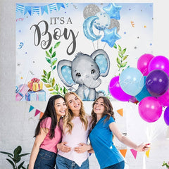 Lofaris Blue And Glitter Balloon Elephant Baby Shower Backdrop