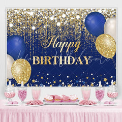 Lofaris Blue and Gold Balloons Glitter Birthday Backdrop