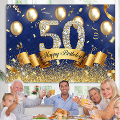 Lofaris Blue And Golden Balloon Happy 50Th Birthday Backdrop