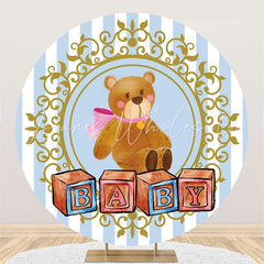 Lofaris Blue And Golden Round Teddy Bear Baby Shower Backdrop