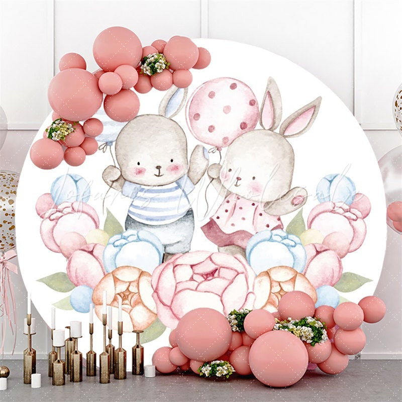 Lofaris Blue And Pink Ballon Rabbit Round Baby Shower Backdrop