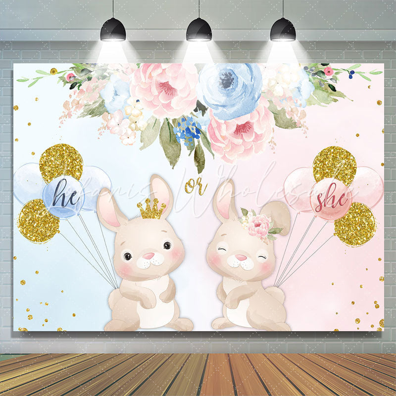 Lofaris Blue And Pink Floral Ballon Rabbit Baby Shower Backdrop