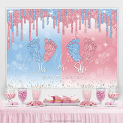 Lofaris Blue And Pink Glitter Foot He Or She Baby Shower Backdrop