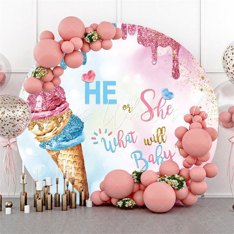 Lofaris Blue And Pink Glitter Ice Cream Round Baby Shower Backdrop