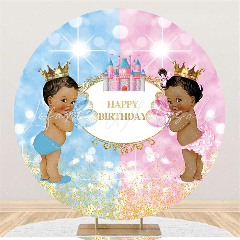 Lofaris Blue And Pink Glitter Round Happy Birthday Backdrop